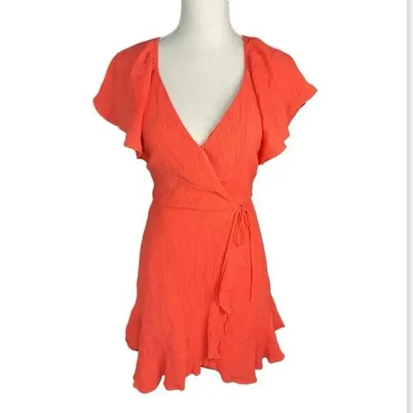 Lush hot coral orange flutter sleeve Mini dress wrap summer coquette cowgirl - Picture 2 of 11